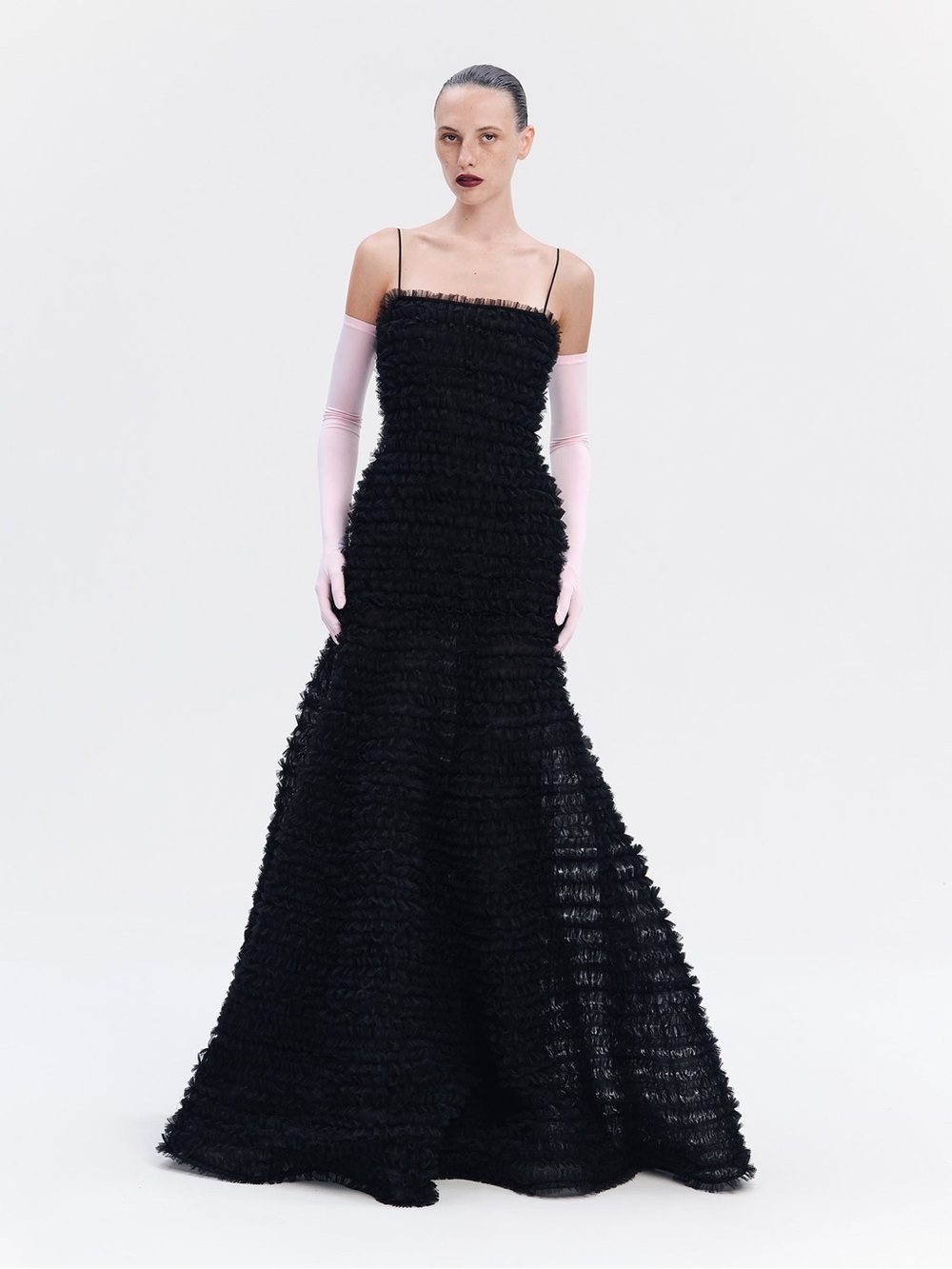 Black Textured Ruffle Tulle Gown